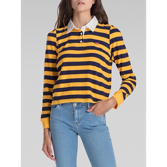 Levi's Tops - Levi’s Regular Fit Cropped Striped Long Sleeve Rugby Polo Women’s Yellow Navy
